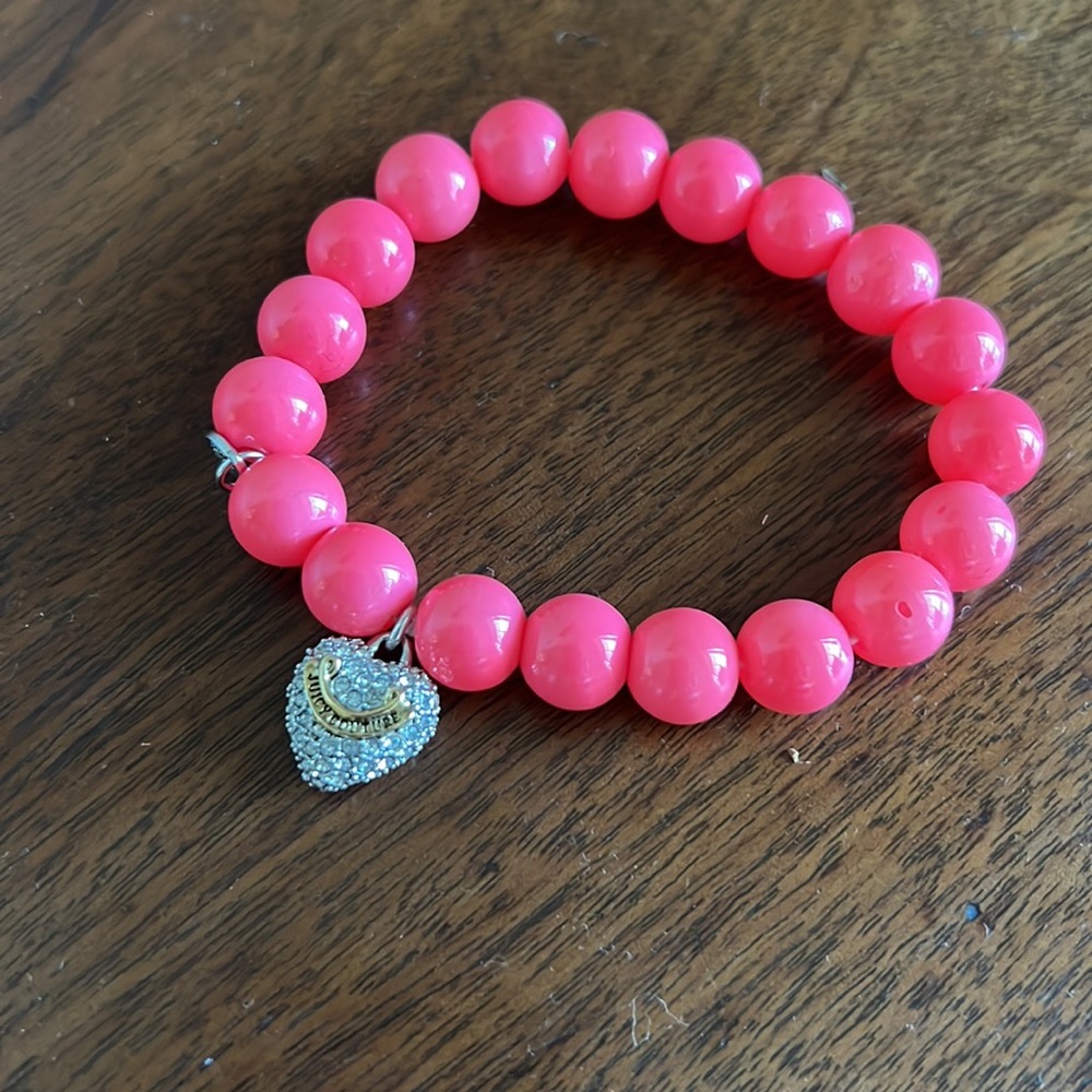Vintage Hot pink Juicy Couture bracelet with pave heart charm Y2K